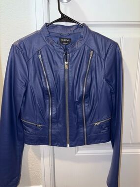 bebe Navy Blue Faux Leather Moto Jacket with Vertical Zips